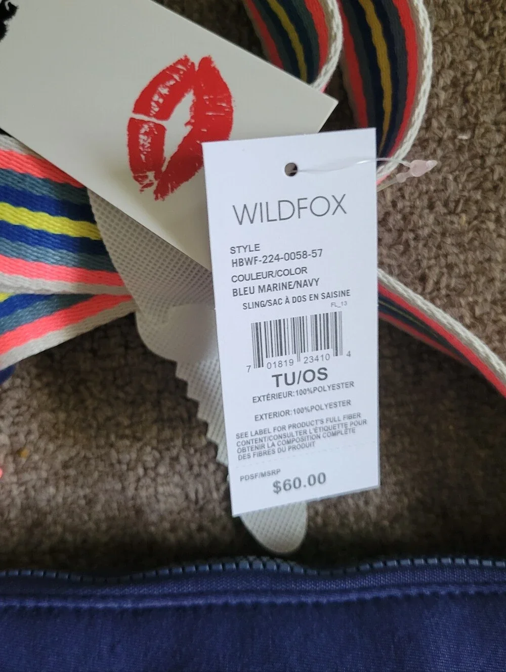 NWT Wildfox Navy Blue w Striped Adjustable Strap Sling-Back Handbag Purse